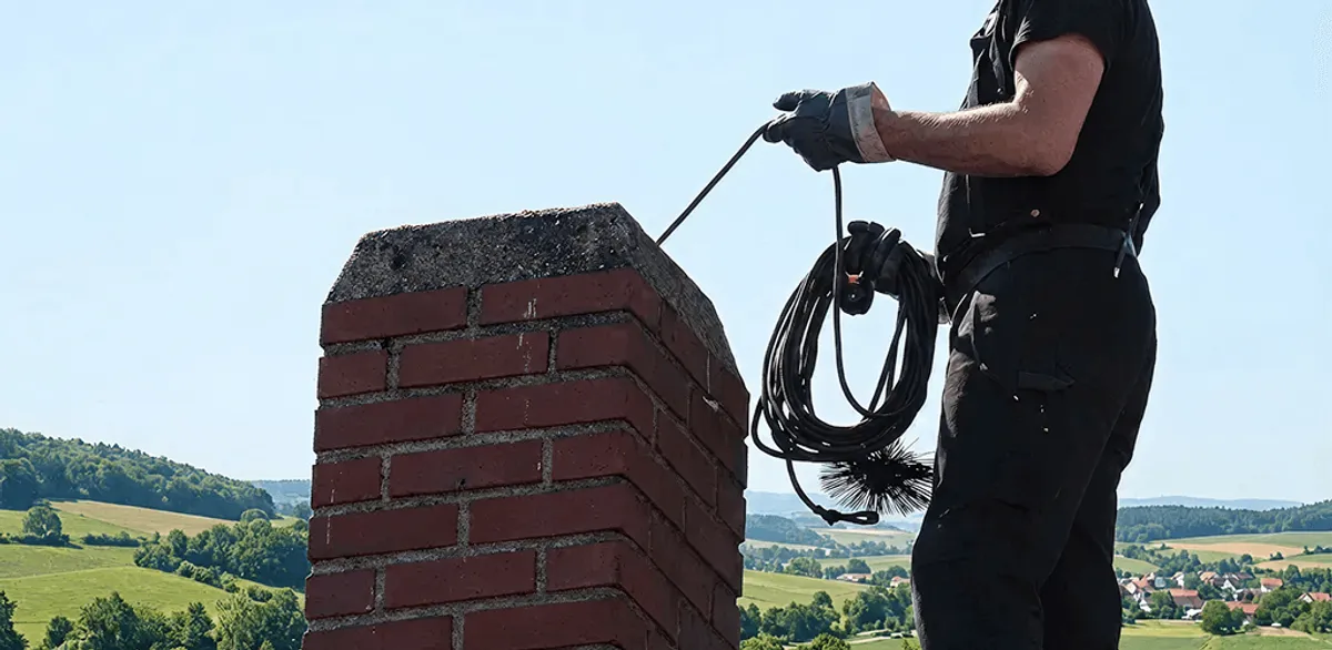 Chimney sweep inspecting and cleaning a rooftop chimney in Columbia, SC