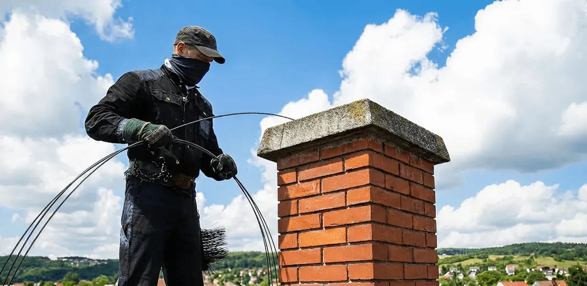 Chimney sweep cleaning a brick chimney with professional tools in Columbia, SC
